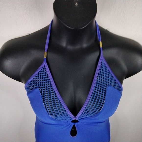 Venus Blue Mesh One Piece Size 4 Sexy Keyhole Plunge Swimwear Swimsuit Deep Back - Picture 3 of 13